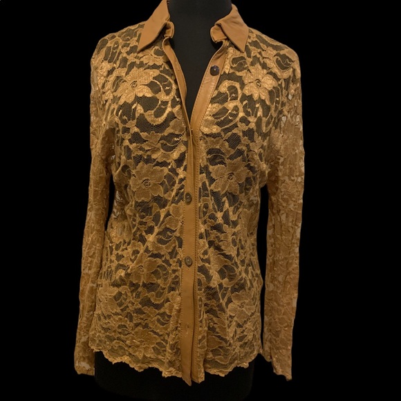 B&J Tops - B&J Lace Blouse with Genuine Leather Trim